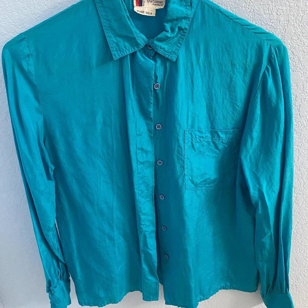 Pure Silk Turquoise Button Down Size 12 - Pierre Charbonnier